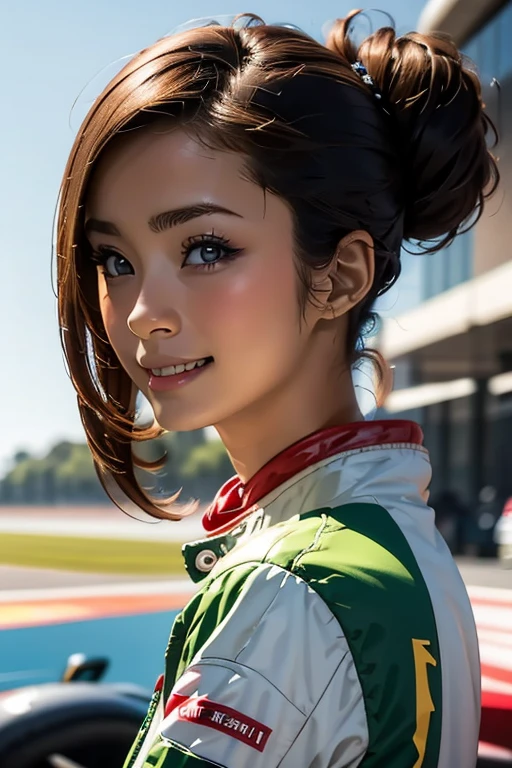 Highest quality High resolution Simple F1 Grand Prix Racecourse Companion cute girl Beautiful face Race Queen 20 years old head to waste