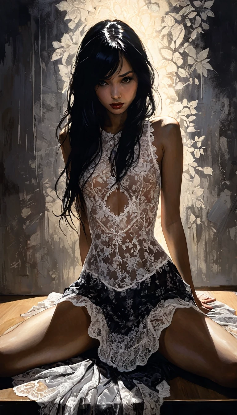 girl with long black hair, very small tits, sexy lace dress {{{,{cowgirl sex, girl on top, straddling, sit astridepleated skirt, penis in vagina,}}},cute,ultra detailed skin,sketch}}},, eroticism, sexy, white image and black, between shadows, oil painting, chiaroscuro, sensual, dramatic lighting, moody atmosphere, photorealistic, intricate details, masterpiece, ultra-detailed, high quality, 8k, best quality, realistic, cinematic, Dark and melancholic composition, expressionistic and powerful , emotional impact, art inspired by Bill Sienkiewicz.
