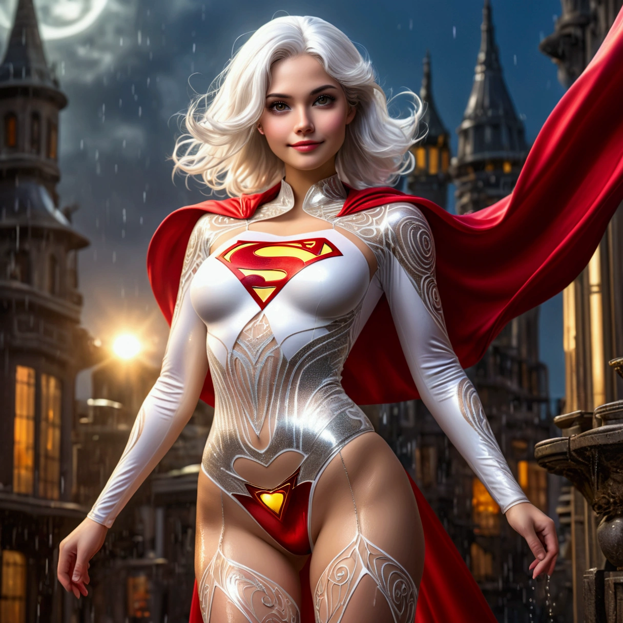 32k hires best quality professional photograph,a BEAUTIFUL girl with white hair in an elaborate Superman costume with long sleeves in white, covering the whole body, Vivid colors, (dramatic lighting:1.3), white capelet , White Superman Costume, Suit with white carbon fiber details, (intricate details:0.9), (HDR, hyper-detailing:1.2), (natural skin textures, hyper realisitc, soft light, Sharp very wet ,detailed_background, full_body, realistic, very cheeky smile, very challenging facial expression The unearthly radiance casts an eerie glow, As she surveys her surroundings with introspectiv complex,  , illustration fractal filigree red/gold and silver, soft golden and silver shimmer reflection rainy glass bubble water or elastic glass-like material, Mysterious ,more saturation 