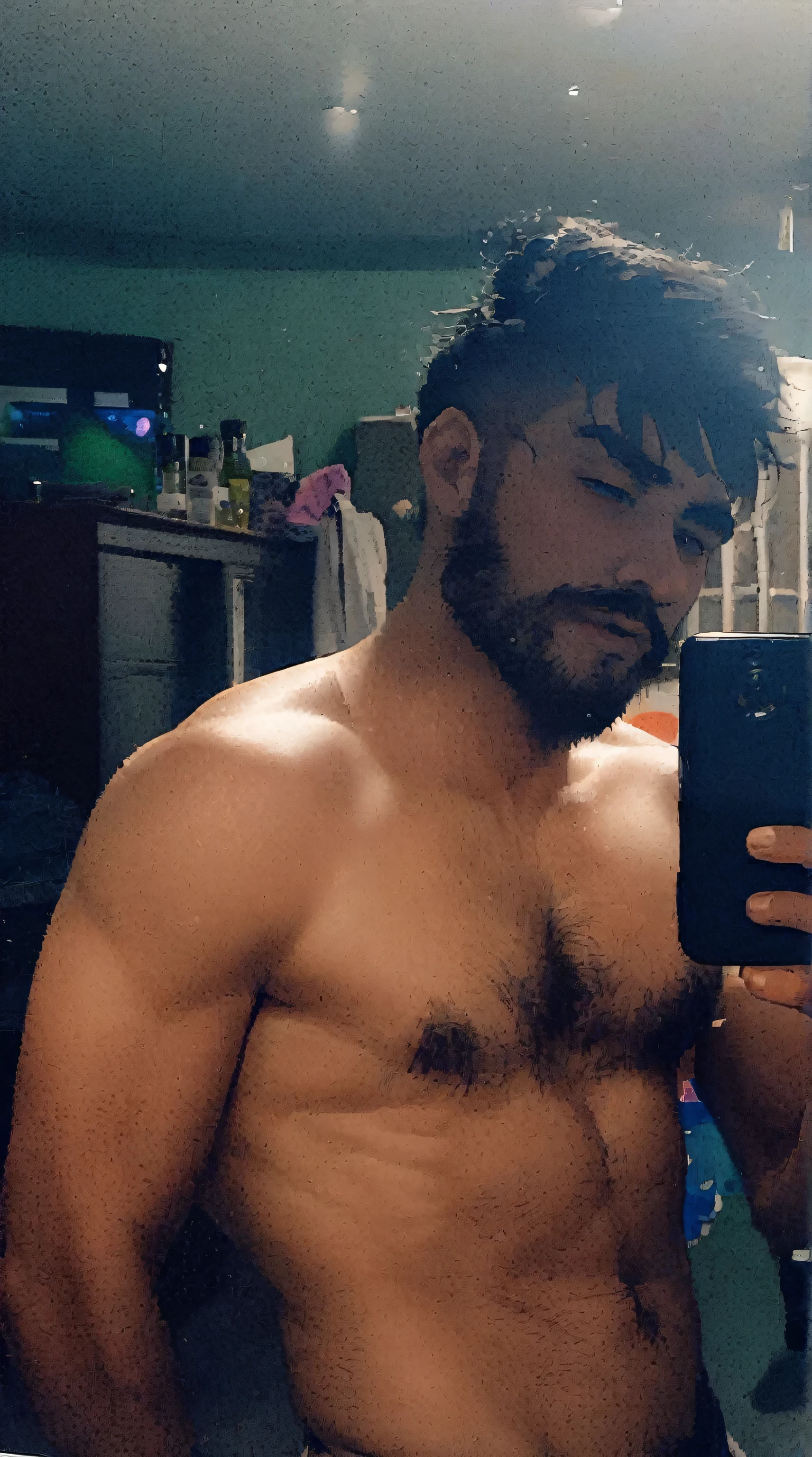 There is a sexy Mexican man taking a picture in the mirror, 32 years old, with beard, unclothed, muscular