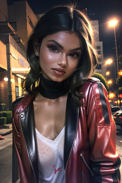 Best quality, realistic, from the front in first person, KristannaTX on a Los Angeles city street, (a female mexican Supermodel), (sexy wine red leather jacket:1.1), split, seductive smile, (dark hair), (hairstyle:1.0), Perfect eyes, sharp parts, detailed face, face-makeup, cheeks turn red, Eyeliner, eyeshadow, lip gloss, Supermodel, (Deep Focus), (hard lighting), (Night time), (realistic lighting:1.0)