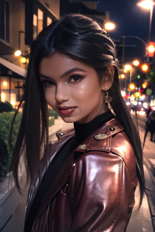 Best quality, realistic, from the front in first person, KristannaTX on a Los Angeles city street, (a female mexican Supermodel), (sexy wine red leather jacket:1.1), split, seductive smile, (dark hair), (hairstyle:1.0), Perfect eyes, sharp parts, detailed face, face-makeup, cheeks turn red, Eyeliner, eyeshadow, lip gloss, Supermodel, (Deep Focus), (hard lighting), (Night time), (realistic lighting:1.0)