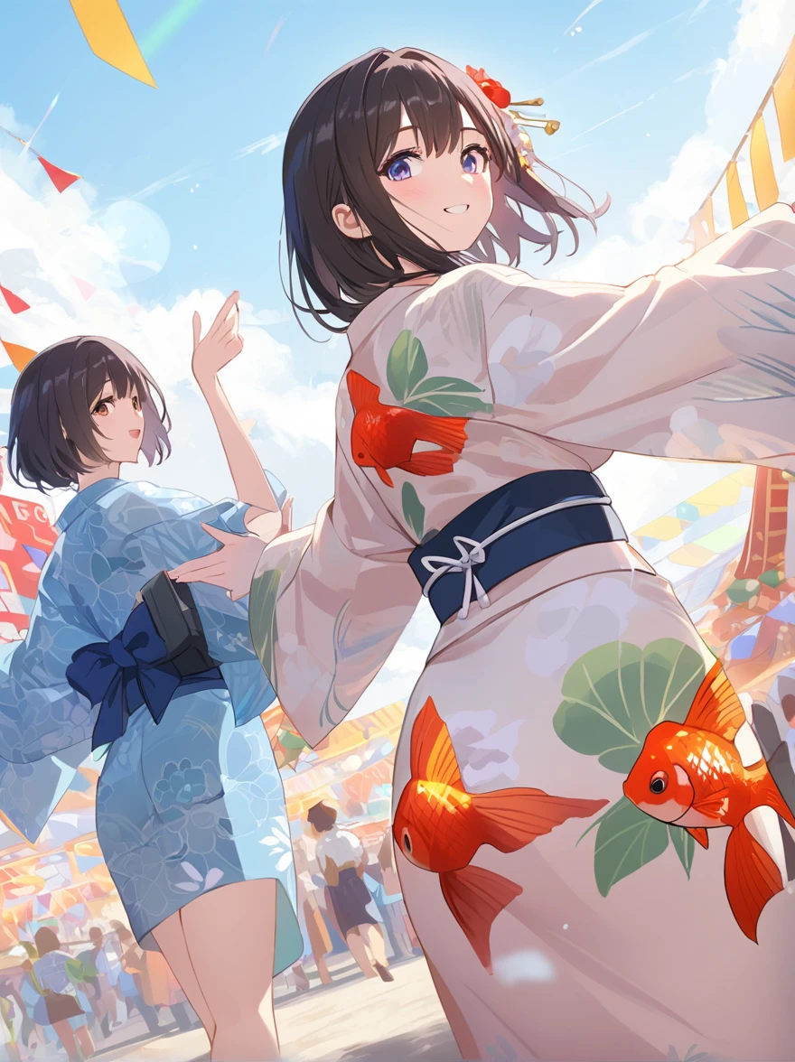 pale colour、anime、anime調、デジタルanimeアート、Flat Design,(masterpiece:1.2)、Written boundary depth、photograph、Back Blur、Distance、high quality、High resolution、Very detailed,From directly below、festival、Girl in yukata、Goldfish pattern yukata、shot、((Pose with arms outstretched))、trace、Bright smile、hair ornaments,Three Girls,Mikoshi (portable shrine)、