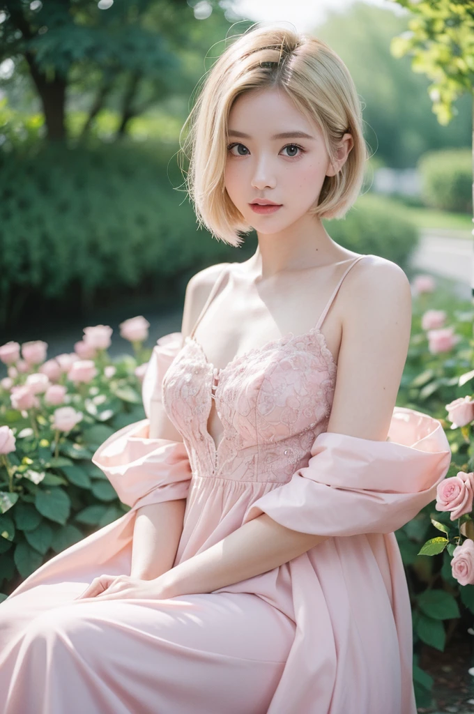 8k, CRU photo, Fujifilm, style photo of a beautiful young woman like Avril in a light pink rose garden (highly detailed skin: 1.2) Style-Petal BREAK short hair, blonde hair with colored highlights, wearing a dress, film grain, 35mm, cute style