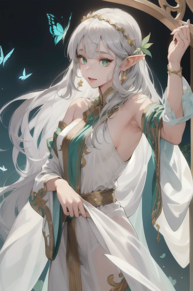 (Absurd, High resolution, Super detailed), (One girl:1.3), whole body、Gray Hair,Elf、Arabian dancer in white costume、Gold Accessories、Long Hair, Droopy eyes, Green Eyes