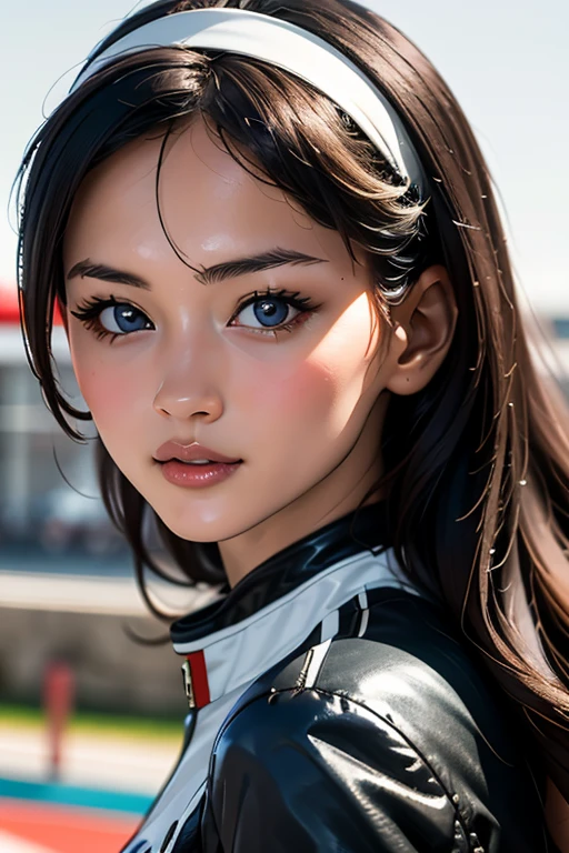 Highest quality　High resolution　Simple　F1 Grand Prix　Racecourse　Companion cute girl　Beautiful face　Race Queen　20 years old　（（head to waste ））