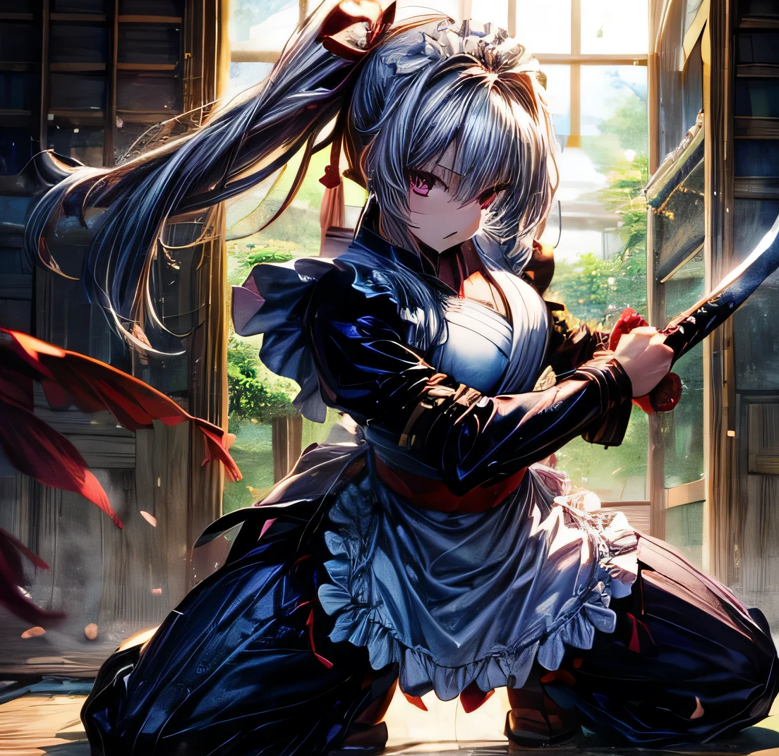 Maid Black Hair Ponytail Long Yagyu Shinkage-ryu swordsmanship Exercise martial arts Menkyo Kaiden Tosei Gusoku armor Japanese sword Sengoku period Whole body