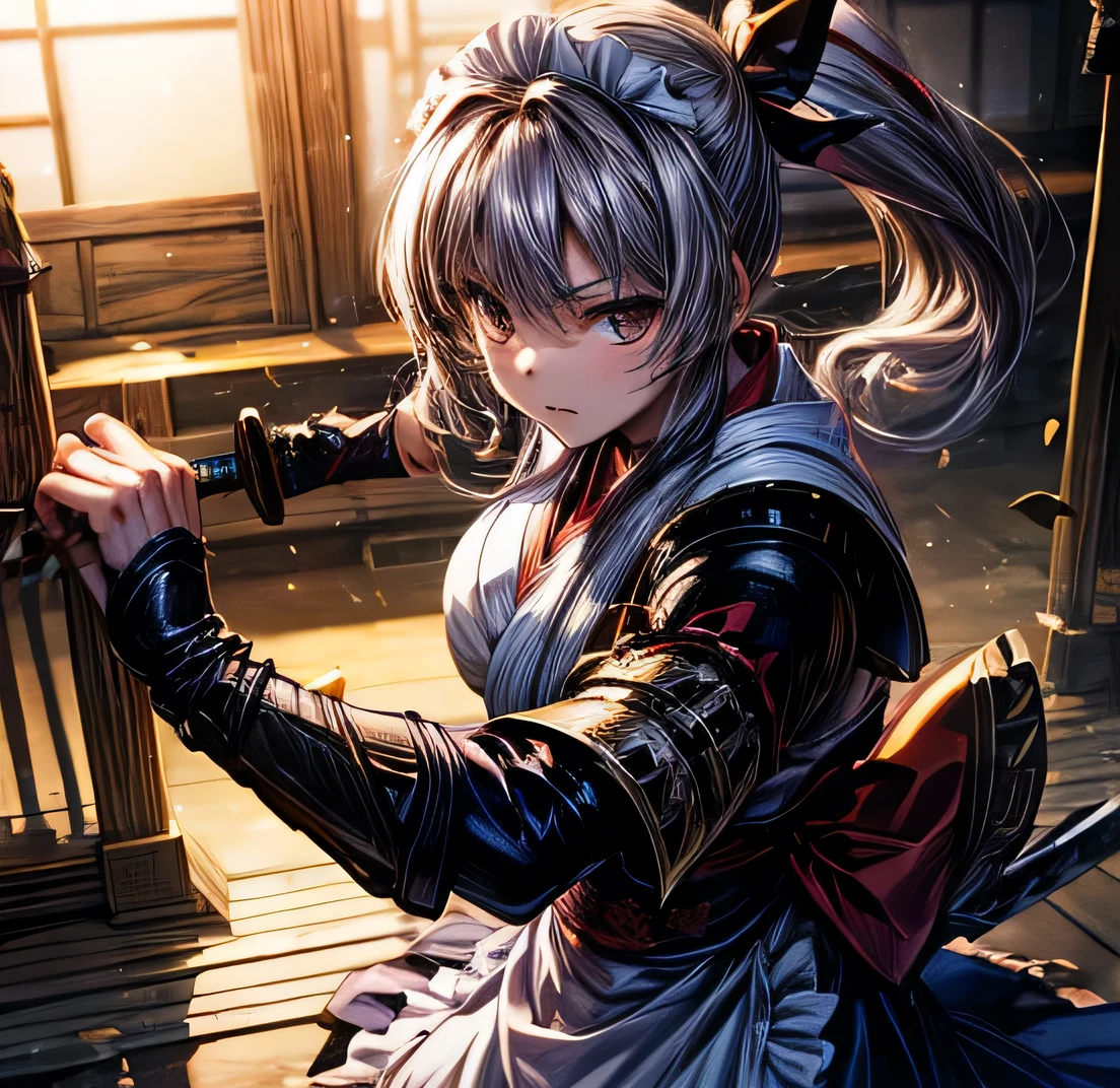 Maid Black Hair Ponytail Long Yagyu Shinkage-ryu swordsmanship Exercise martial arts Menkyo Kaiden Tosei Gusoku armor Japanese sword Sengoku period Whole body