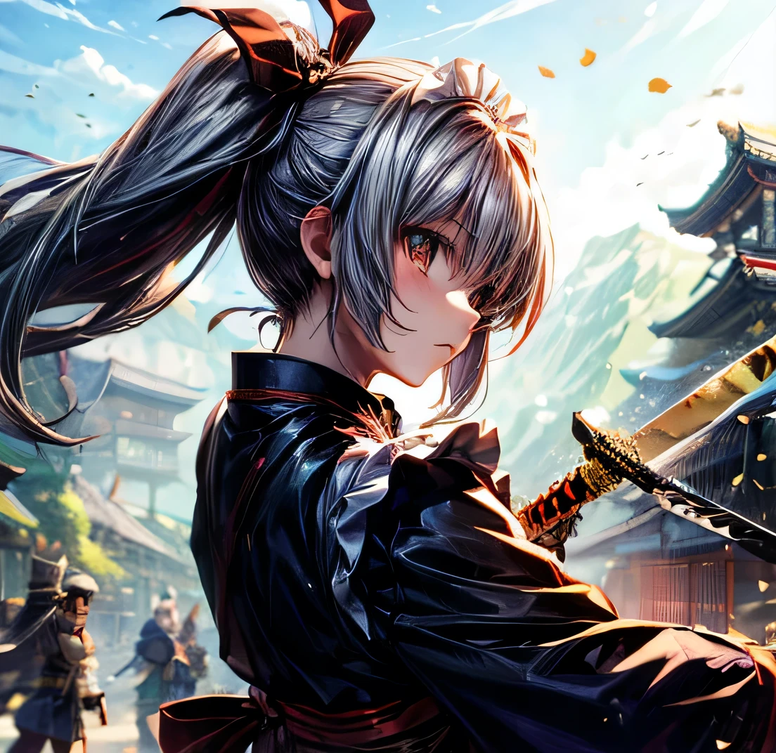 Maid Black Hair Ponytail Long Yagyu Shinkage-ryu swordsmanship Exercise martial arts Menkyo Kaiden Tosei Gusoku armor Japanese sword Sengoku period Whole body