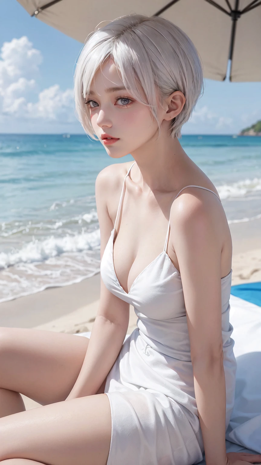 masterpiece, best quality, 1 girl, beach, sitting on a beach towel, White hair, short hair, Bare shoulders,he'clavicle, armpit, (External), Smile,Thong, blush, summer, Beautiful breasts、Huge breasts:1.4,Full breasts,Transparent clothes,Large breasts,Sagging breasts,Very big breasts,