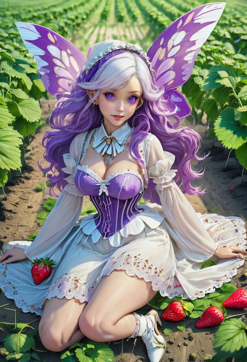 a portrait of a female fairy resting in a (field of strawberries: 1.3) extremely beautiful fairy, ((full body: 1.5)), ((anatomically correct: 1.5)), (ultra detailed face: 1.2),ultra feminine, busty, best detailed face, dynamic hair color, dynamic hair style dynamic skin complexion, shy smile, innocent smile, blue eyes, dark red lips, wearing ((white: 1.5)) lace dress, elegant dress, fairy dress, corset, dynamic elegant shirt, chocker, wearing high heels, spread large butterfly wings, (white and purple eyes: 1.3)in a (field of strawberries : 1.3), field of strawberries background, vibrant, Ultra-high resolution, High Contrast, (masterpiece:1.5), highest quality, Best aesthetics), best details, best quality, highres, 16k, (ultra detailed: 1.5), masterpiece, best quality, (extremely detailed) RAW, (ultra details, Masterpiece, best quality), Hyperrealism style,DonMF41ryW1ng5XL, ZipFile Comi Style