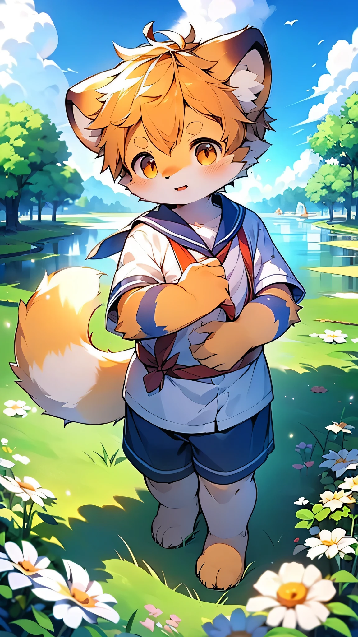 Red Panda Boy,Characteristics of Sailor Suits,super high quality,Very detailed,High resolution,Cute art style in anime,Rice field scenery,：tall stature,pixiv Contest Winner,Official Art,furry animal with a tail,fur art,(Cheerful teenager,:1.3),alone,single,A man with a pretty face,