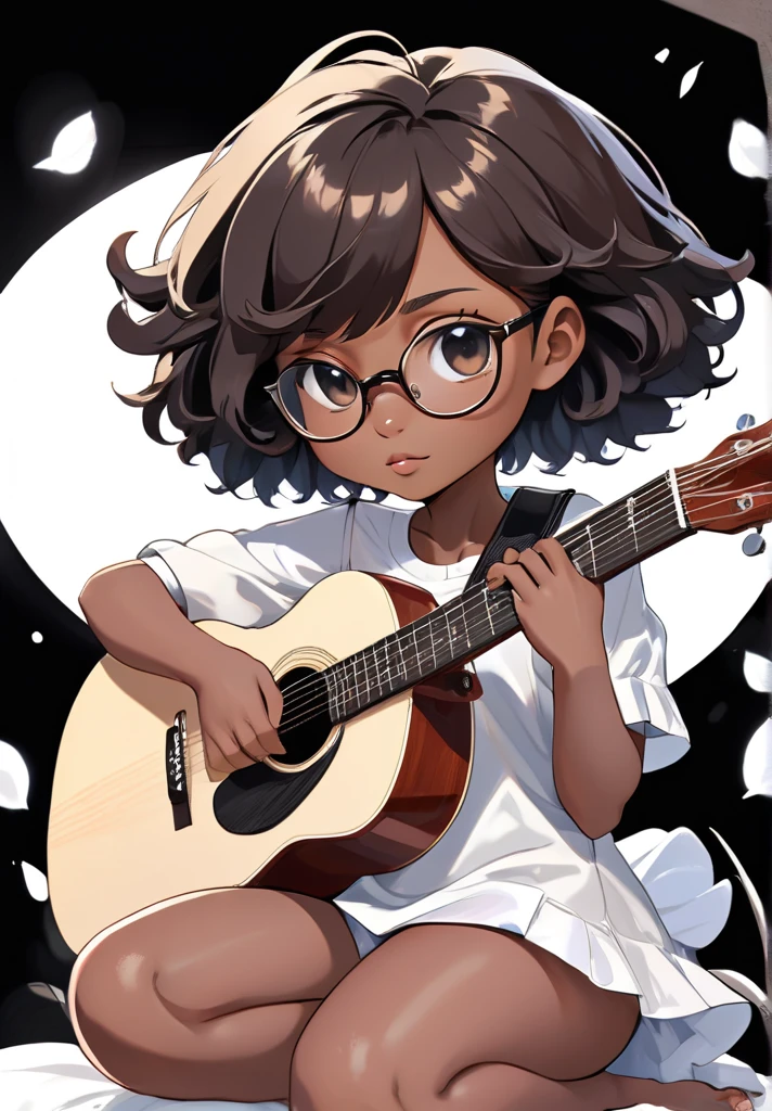 high resolution,best quality,naturals, 
Illustrator without black lines, black contour lines, or black line drawings, flat illustration e monocromática, coloring similar to foreign animation, Chibi character, アニメ, fluffly, full body illustration, Deformed illustration,  Kizi, wear glasses, sitting holding a guitar with white and black as precious colors, flat illustration, Simpler, minimalism, White background,, afro hair, darkskin,, without bangs, skin black.