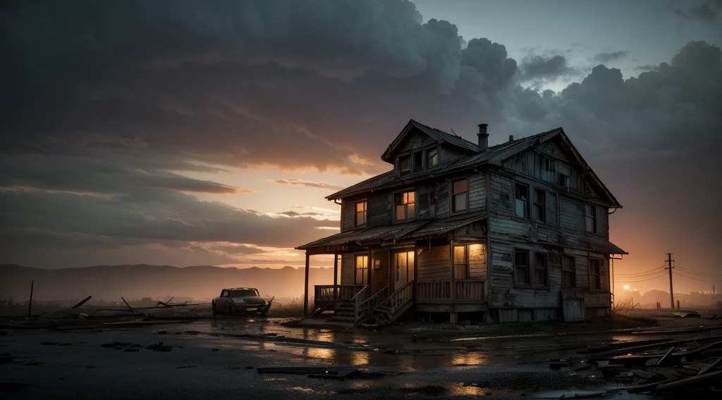 a dilapidated abandoned house, orange sky, apocalyptic scene, best quality, 4k, 8k, highres, masterpiece:1.2, ultra-detailed, realistic, photorealistic, photo-realistic:1.37, HDR, UHD, studio lighting, ultra-fine painting, sharp focus, physically-based rendering, extreme detail description, professional, vivid colors, bokeh, dystopian, post-apocalyptic, moody lighting, dramatic shadows, eerie atmosphere, cinematic composition