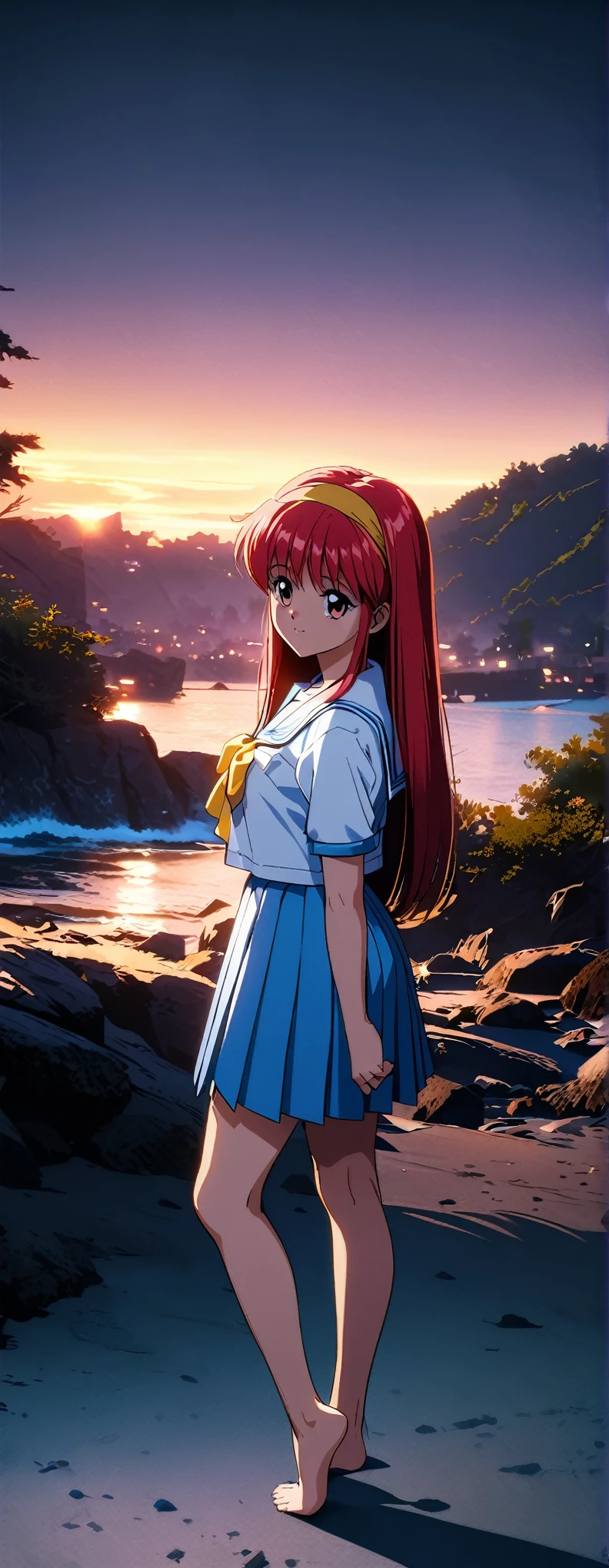 Straight Hair、Long Hair、Shiny light red hair color,(Light blue short sleeve white sailor suit:1.5),The collar is light blue,(Yellow headband),The large ribbon on the front of the sailor suit is yellow.,(Light blue pleated skirt:1.5),Looks about 15 years old, (beautiful girl: 1.3),A big smile,Big, round eyes、Eyes are red,Highest quality,8k,Highly detailed CG unit wallpaper,masterpiece:1.2,top-quality,Ultra-high resolution,RAW Photos,real texture skin,Cinema Lighting,***はbeautiful girlの幼馴染,Big, round, beautifully shaped butt,Standing next to a big tree,Sandy beach at night,barefoot,upper body