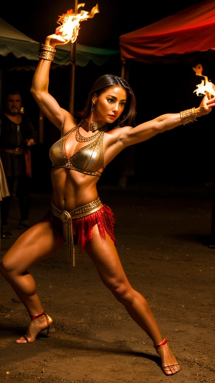 High resolution photography of a Eurasian woman with tall body and long legs and muscular physique. Eurasian woman is a fire dancer. The woman is wearing an outfit made of leather and metal. The background of the photograph is a medieval market at night. Mood of photography is a medieval market at night.Pose of woman is dancing with fire chains in full body pose near the camera. The woman's face should be shown clearly.Fire dancer dances a fire show.