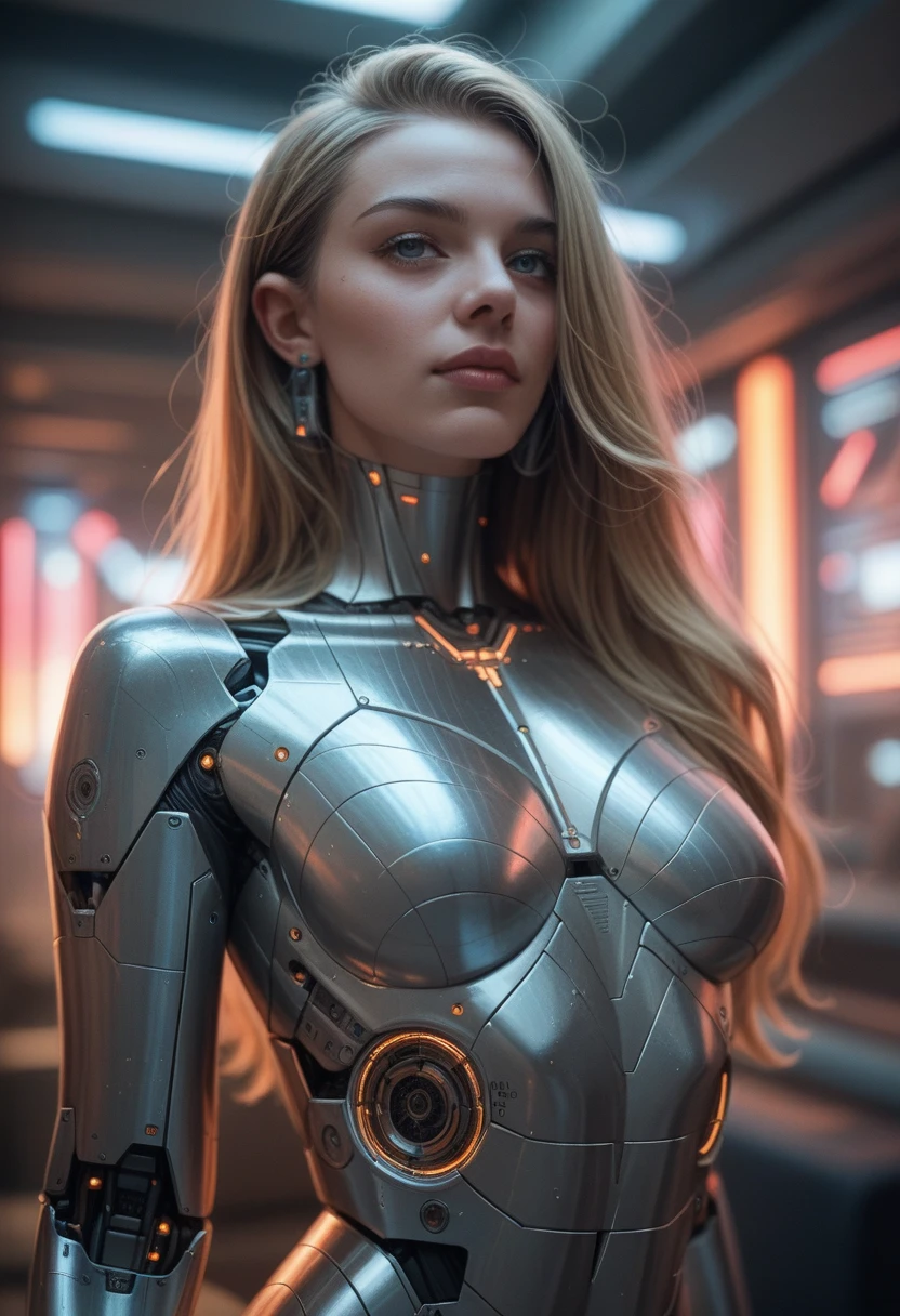 A cyborg girl stands in the center of a large bright studio and is engaged in creating her self-portrait on canvas. She is depicted in all her majestic beauty and elegance. Her metallic skin reflects the light, creating a play of hues and highlights like an expensive piece of jewelry. 
Her long metal hair frames her face, giving her a mysterious and alluring look. Her bright eyes, in which light shimmers, stare straight ahead with confidence and the strain of creative inspiration. 
The cyborg girl is depicted in a graceful pose, showing off her grace and strength as well as the fine workings of her mechanical limbs. Her hands hold brushes and are immersed in the creative process of creating a stunning work of art. 
The outline of the self-portrait she is creating with oil paints is already outlined on the canvas. The drawing begins to come to life under her dexterous fingers, gaining depth and volume, and the coating of color fills the canvas with bright hues and rich colors. 
This entire moment is captured in a gorgeous and amazing scenario that combines the beauty of art, power and technological advancement to make the cyborg girl a unique and inspiring image. beautiful shiny smooth, high quality, best quality, absurdres, masterpiece, beautiful, intricate details, 1/2 body crop, slim body, beautiful figure, magnificent anatomy, (intricate details:1.12), HDR, (intricate details, hyper-detailing:1.15), (natural skin textures, hyper realisitc, soft light, Sharp:1.2)