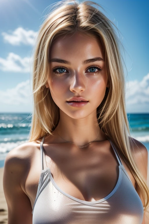 video fille blonde aux yeux clair nu sur une plage 