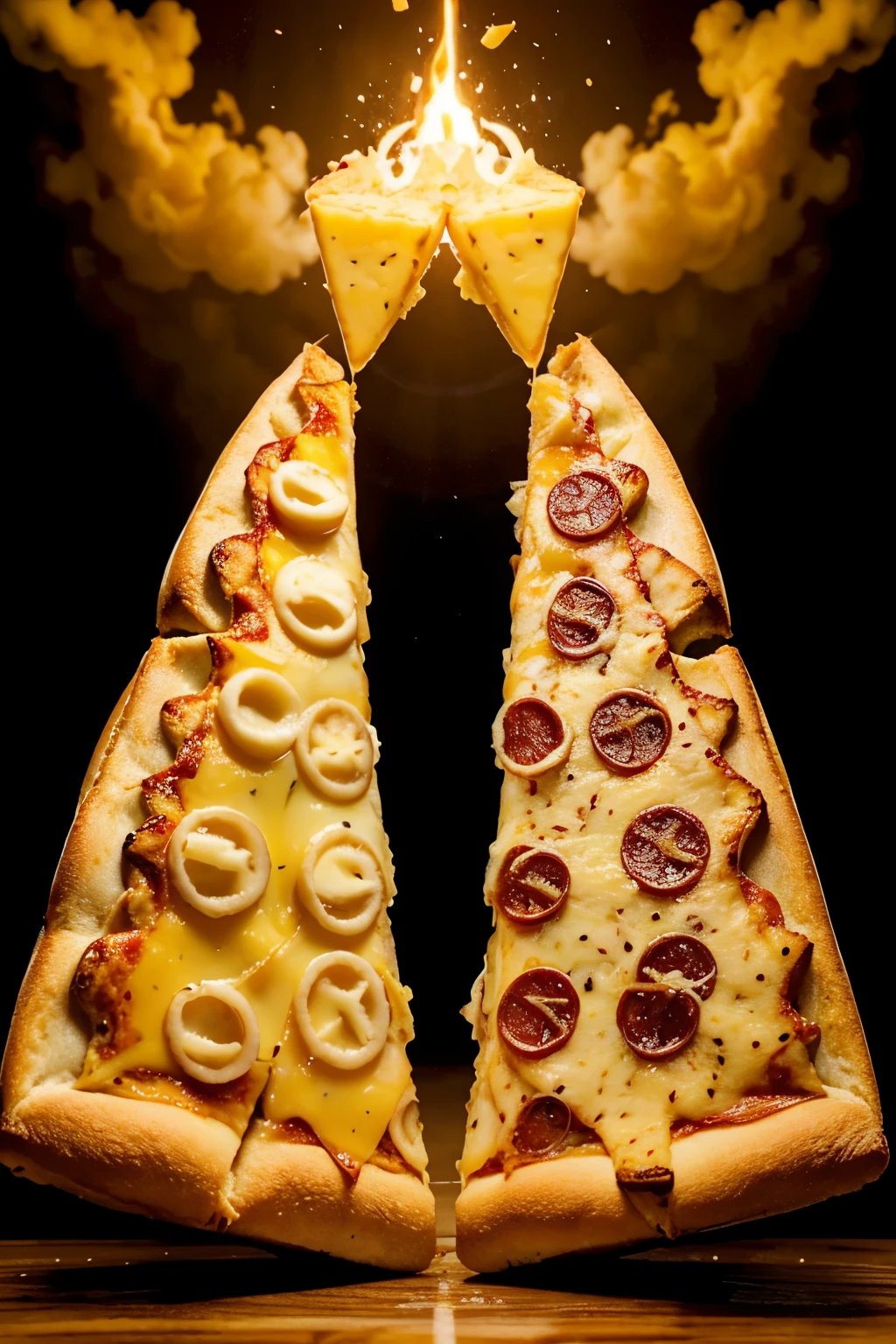 Two slices of pizza with melted cheese and ingredients in the air