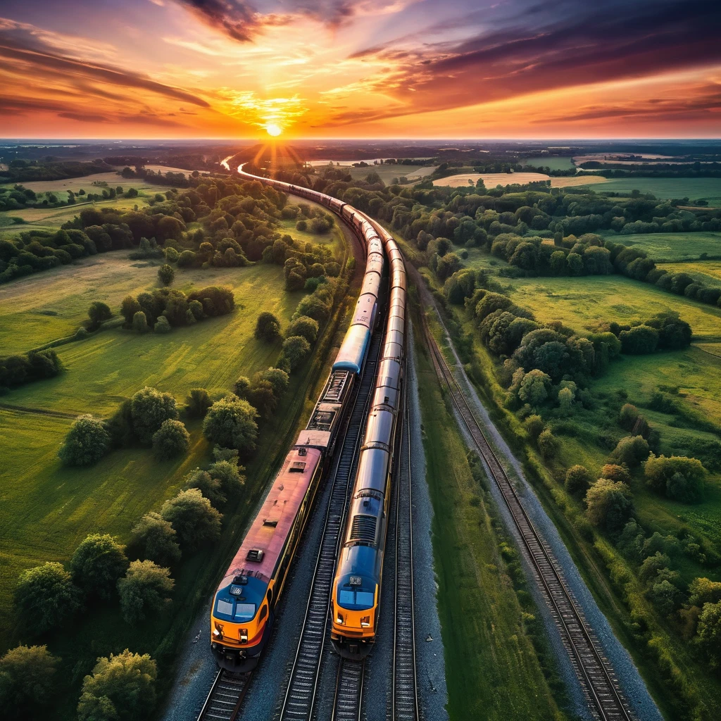 Top view of realistic scene of a train passing under a sunset, professional photograpy, Tendencies, magical realism, Beautiful cosmic skies scene