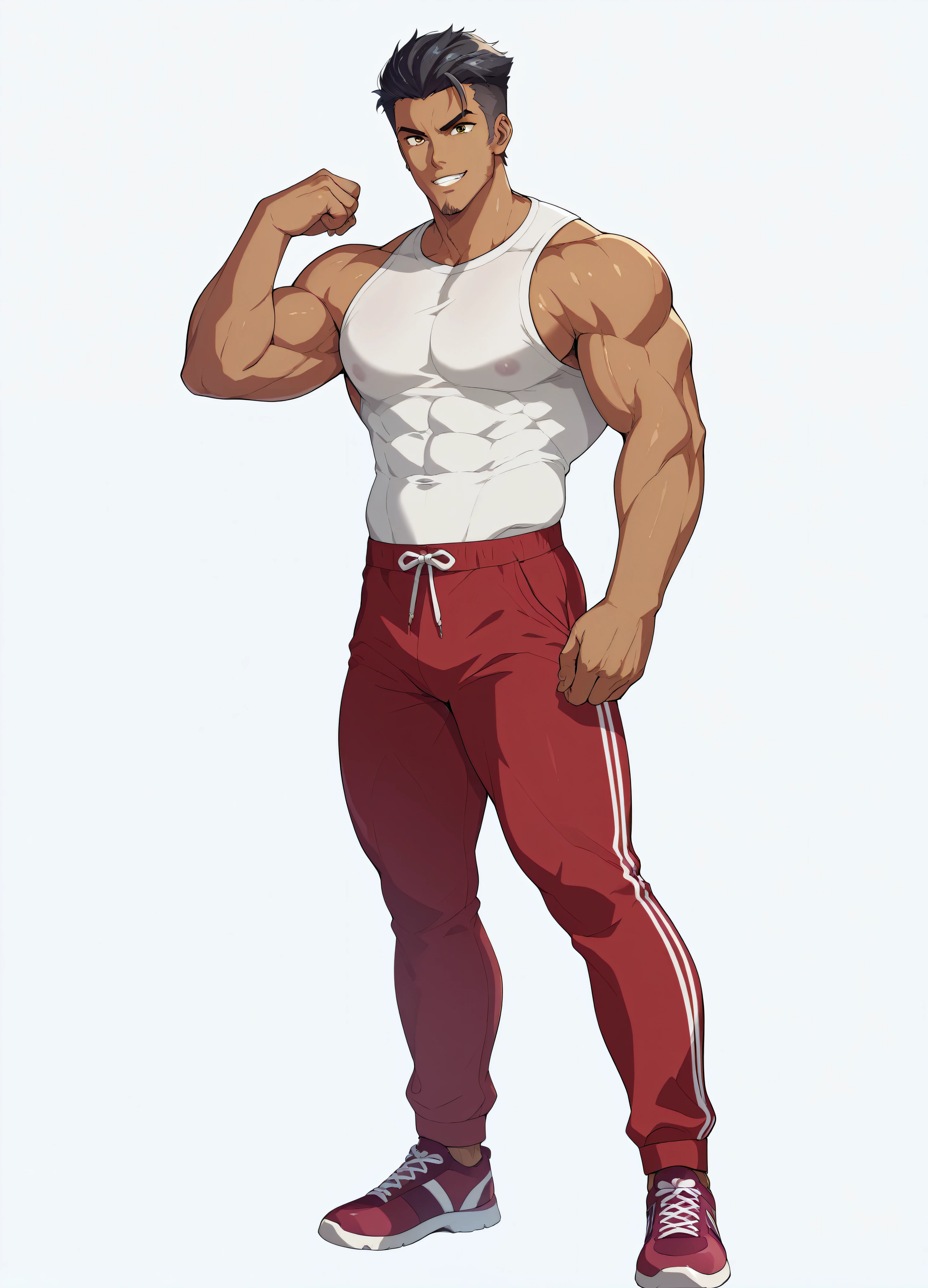 How、、semen、Detailed illustrations、Ultra-precise expression、masterpiece、Highest quality、ultra High resolution、High resolution、Hiromitsu Takeda Style、White background、Simple Background、stand、whole body、One middle-aged man、uncle、Vulgar expression、Brown Skin、solo、Muscular、stand、White Shirt、Red tracksuit pants、Black Hair、Short Hair、

