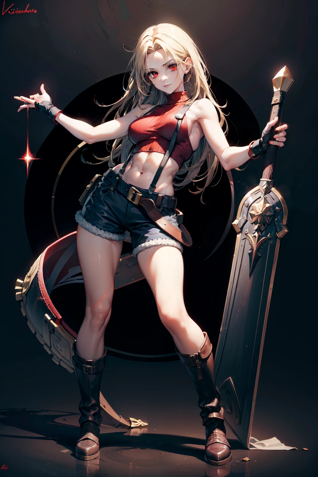 (masterpiece, best quality:1.2), perfect eyes, perfect face, ultra detailed face , strong make up, highres, 1 girl, solo, make up, (female:1.5),satin, white anciente greek clothes, sleeveless turtleneck, bracer, evil smile, standing, portrait, looking at viewer, giant sword on the back, long leather boots, fullbody shot