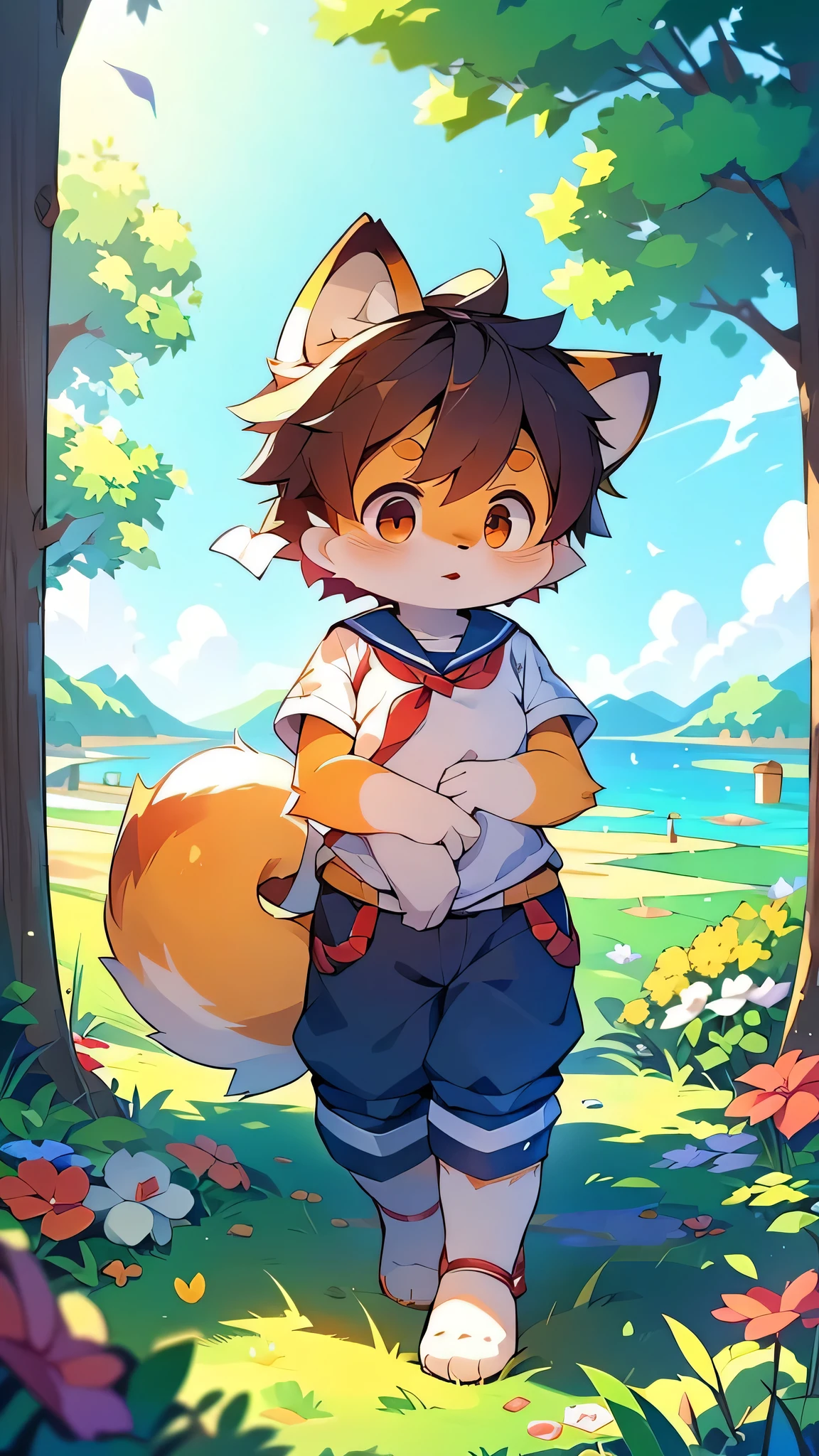 Red Panda Boy,Characteristics of Sailor Suits,super high quality,Very detailed,High resolution,Cute art style in anime,Rice field scenery,：tall stature,pixiv Contest Winner,Official Art,furry animal with a tail,fur art,(Cheerful teenager,13 years old:1.3),alone,single,A man with a pretty face,