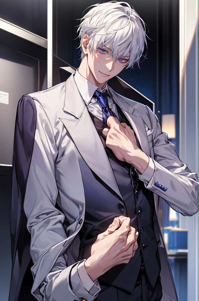Depiction in motion、T hotel masterpiece，best qualtiy，1 male，As-，With short white hair，The shirt, seminude、anime handsome guy,Wearing a strict business suit, Dark suit, Handsome anime pose in suit and tie, Handsome stunning realistic,Blue eyes、Red eyes