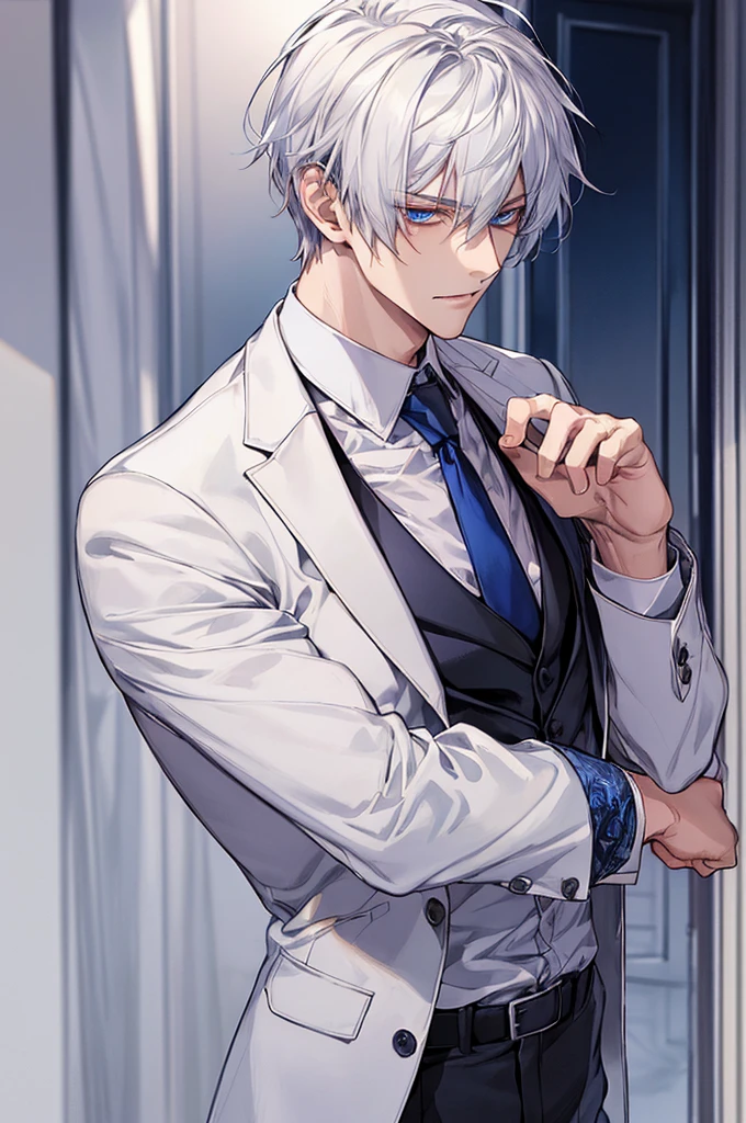 Depiction in motion、T hotel masterpiece,best qualtiy,1 male,As-,With short white hair,The shirt, seminude、anime handsome guy,Wearing a strict business suit, Dark suit, Handsome anime pose in suit and tie, Handsome stunning realistic,Blue eyes、Red eyes