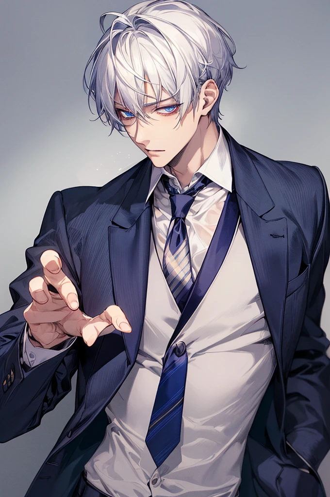 Depiction in motion、T hotel masterpiece，best qualtiy，1 male，As-，With short white hair，The shirt, seminude、anime handsome guy,Wearing a strict business suit, Dark suit, Handsome anime pose in suit and tie, Handsome stunning realistic,Blue eyes、Red eyes