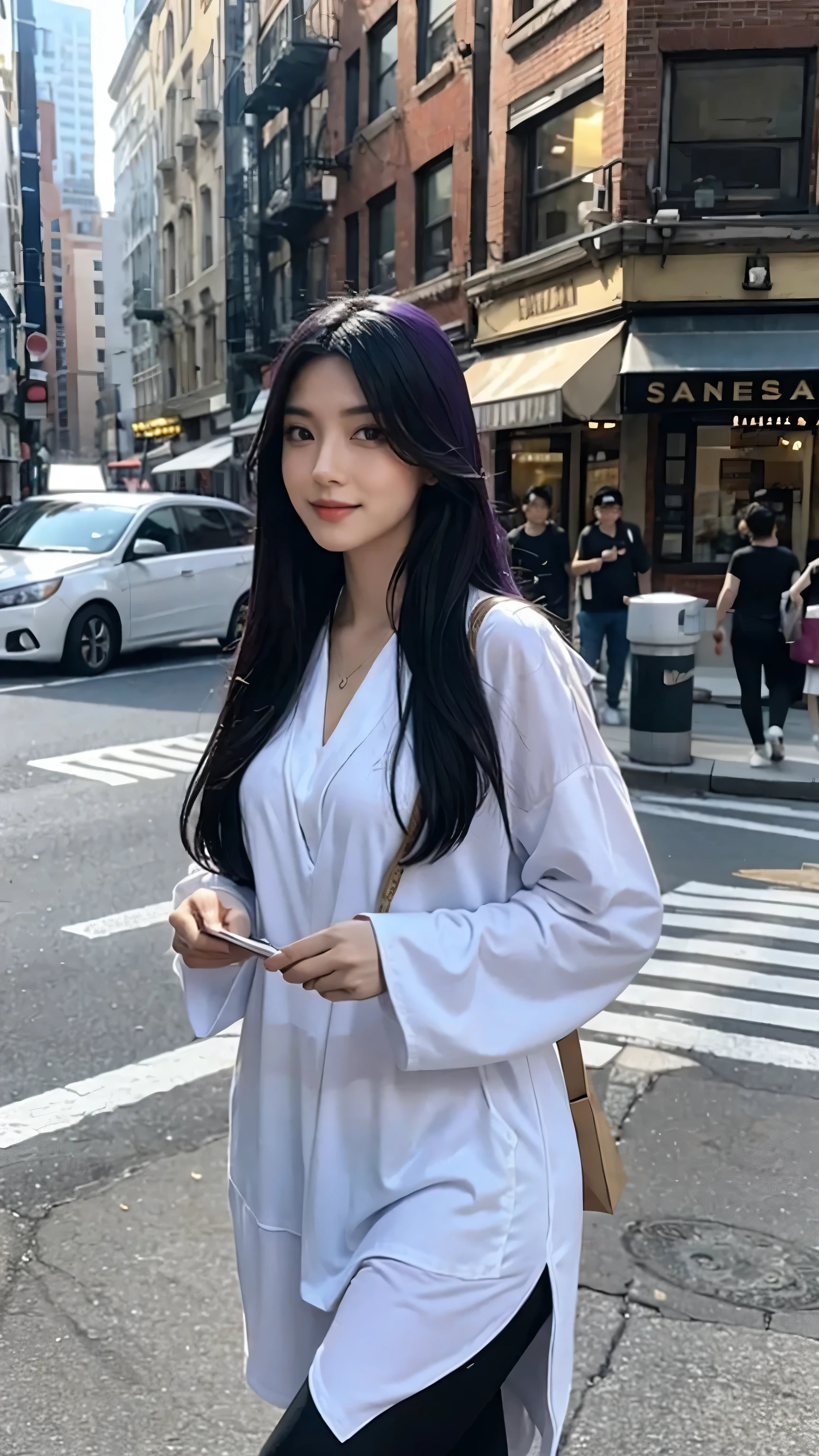 mid shot, white Asian woman, (long black and purple hair), (sexy outfit), (detailed face), beautiful eyes, lips, nose, (detailed skin), beautiful facial features, (walking in middle of new york), detailed surrounding, natural lighting, high quality, ((photorealistic,extremely detailed) ,8k,masterpiece,bright colors, cinematic lighting, ((no blurry))
