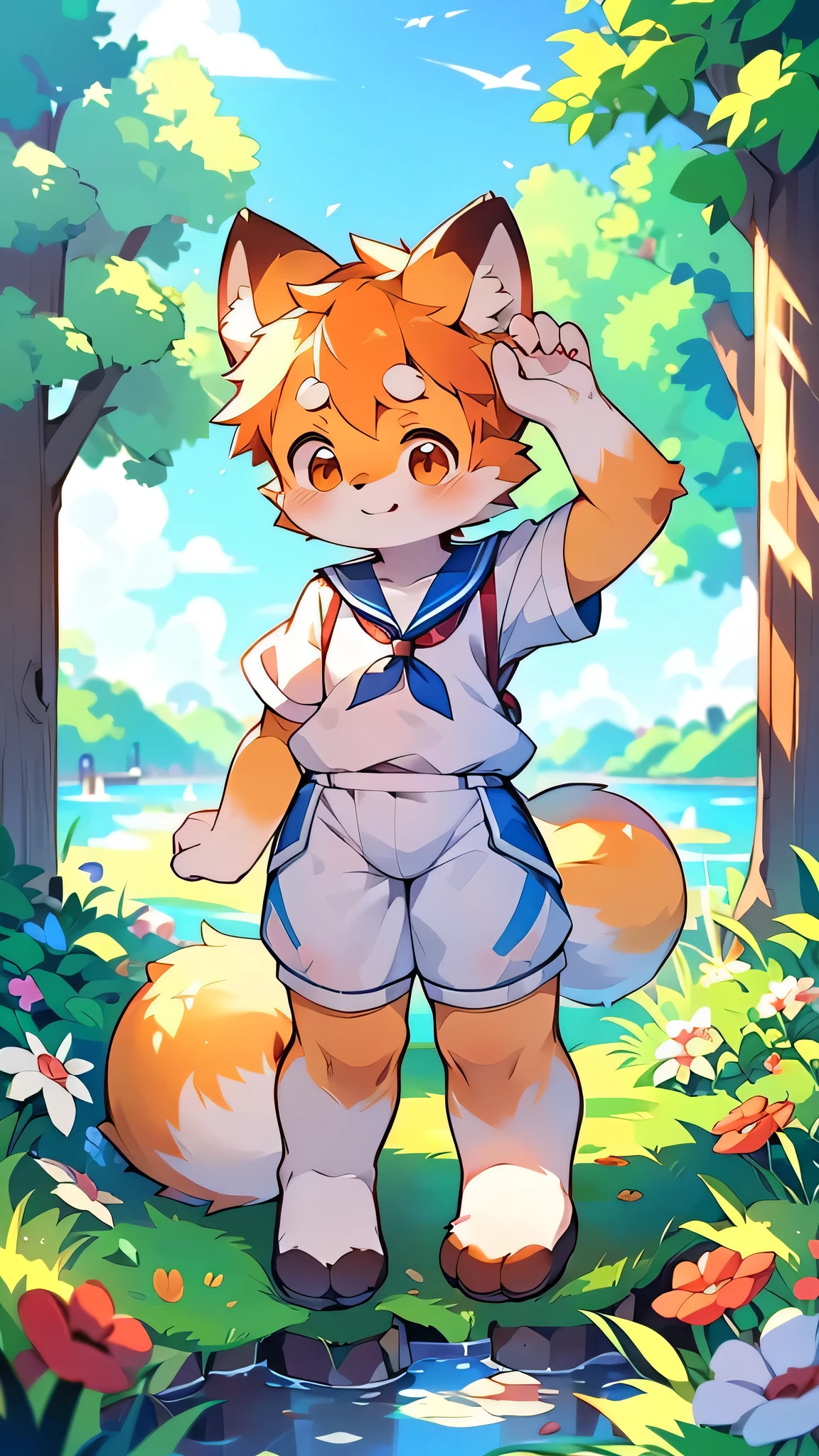 Red Panda Boy,Characteristics of Sailor Suits,super high quality,Very detailed,High resolution,Cute art style in anime,Rice field scenery,:tall stature,pixiv Contest Winner,Official Art,furry animal with a tail,fur art,(Cheerful teenager,13 years old:1.3),alone,single,A man with a pretty face,