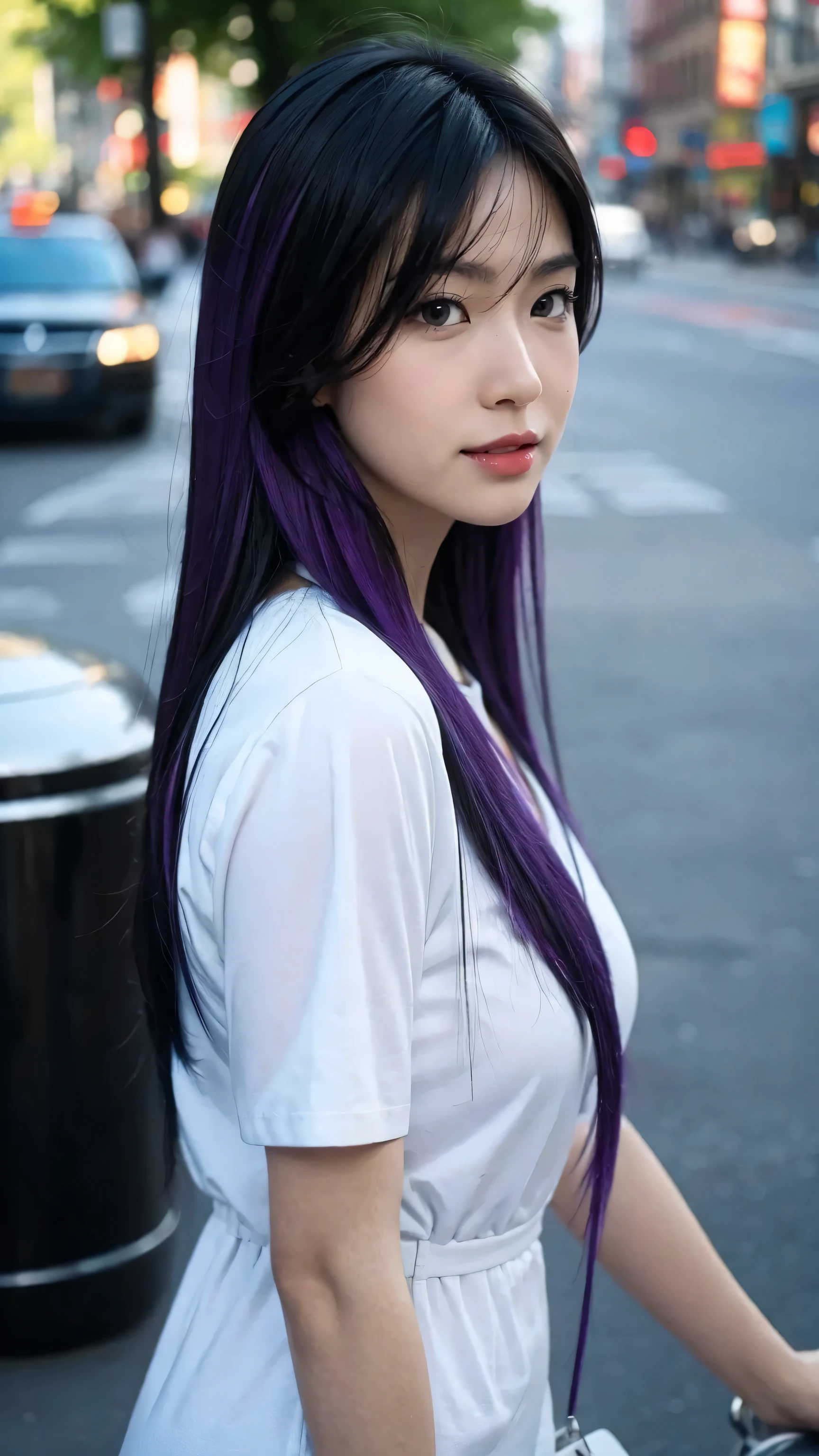 mid shot, white Asian woman, (long black and purple hair), (sexy outfit), (detailed face), beautiful eyes, lips, nose, (detailed skin), beautiful facial features, (walking in middle of new york), detailed surrounding, natural lighting, high quality, ((photorealistic,extremely detailed) ,8k,masterpiece,bright colors, cinematic lighting, ((no blurry))
