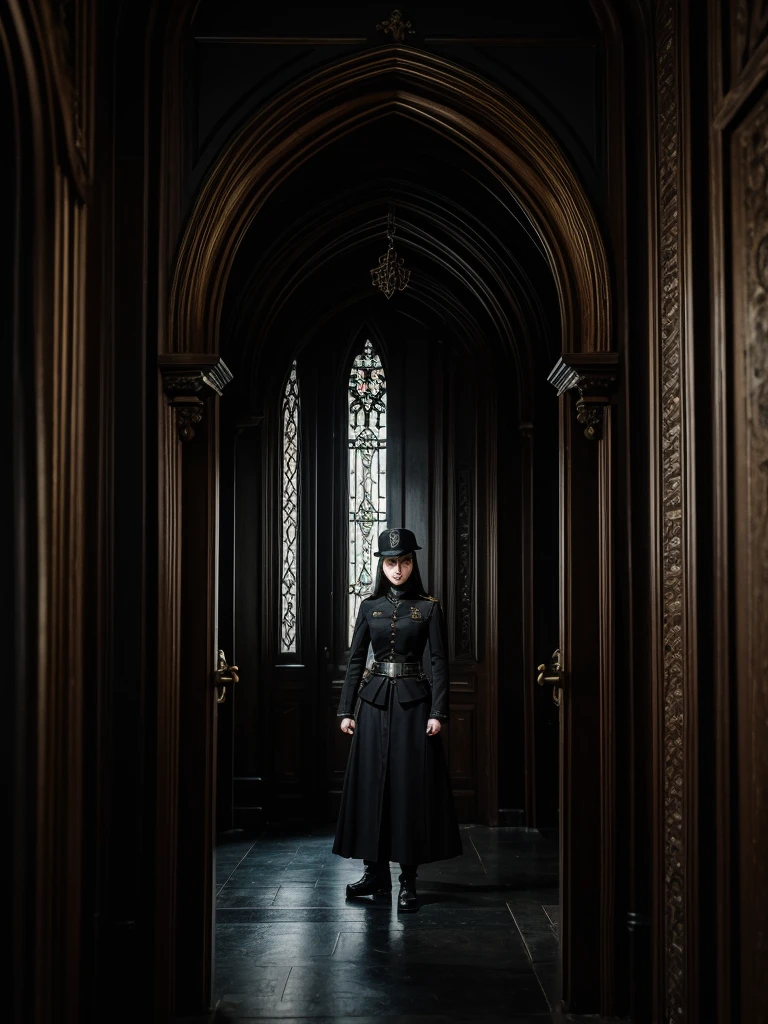 a woman in a dark imperial military uniform inspects the interior of a gothic house populated by grotesque and surreal figures, cinematic, hyper-realistic, 8k, ultra-detailed, masterpiece, intricate-details, photo-realistic, perfect-details