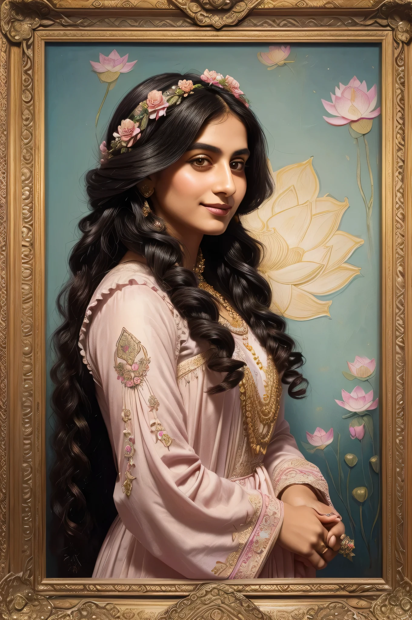 Persian woman of the Qajar period , ((looking 35 years old)) , casual way ,((Calm and proud face with a small smile)), Bright dark face , ((Long curly hair tied up))
, ((face detailed)) , Rembrandt light , nontraditional pink dress ,((Lotus pattern on the dress)) , ((the background contains painting of birds among clouds )), ((perfect rectangular floral frame))
