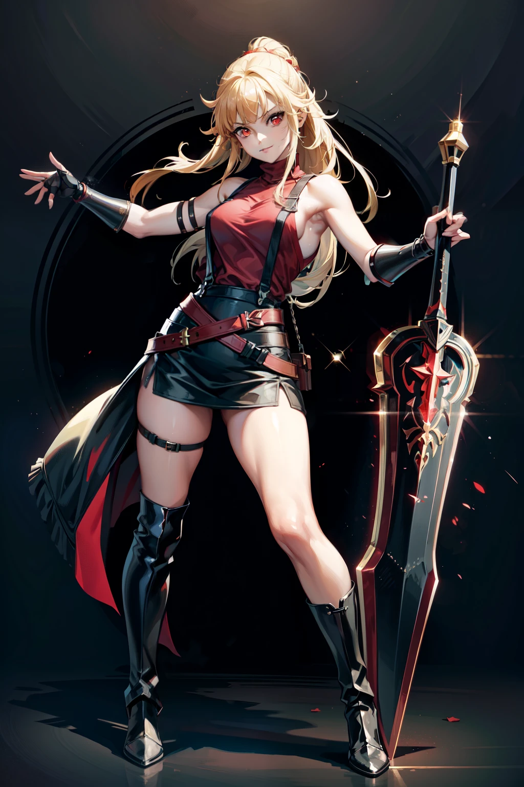 (masterpiece, best quality:1.2), red glowing eyes, red eyes, the eyes are red, perfect face, , strong make up, highres, 1 girl, solo, make up, (female:1.5), strife, long hair, shoulder armor, sleeveless turtleneck, suspenders, belt, gloves, bracer, evil smile, standing, portrait, looking at viewer, giant sword on the back, long leather boots, fullbody shot