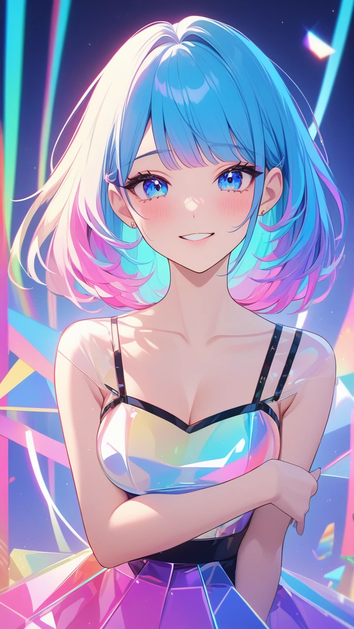 masterpiece,bestquality,superwideangle,fingeraudience,1girl,pinkandbluehair,hand,cuteanimeface,tears,masterpiece,transparentcolorPVCclothing,transparentcolorvinylclothing,wholebody,glitchlump}onface,smile,mediumhair,filmgrain,lens_flare,colorful,chromaticaberration,dynamicpov,closedmouth,Intenseemotionalexpression:death,glitchart,ultra-detailed,extremelydelicateandbeautiful,albumcover,album,albumdescription,Pixilationonface,Doubleexposure,ChromaticAberration,Lightleaks,Noiseandgrain,Colordegradation,Glitchlettering,art,abstractart,geometry,clearlines,squares,bright,limitedpalette,{canonicalcomposition},neatdiagonalstripedbackground,{{bluewithwhitestripedbackground}},{limitedpalette},flatcolored,blueandwhite,