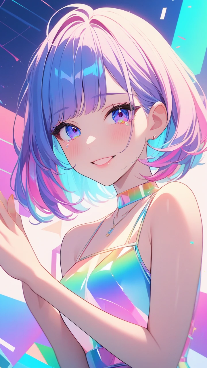 masterpiece,bestquality,superwideangle,fingeraudience,1girl,pinkandbluehair,hand,cuteanimeface,tears,masterpiece,transparentcolorPVCclothing,transparentcolorvinylclothing,wholebody,glitchlump}onface,smile,mediumhair,filmgrain,lens_flare,colorful,chromaticaberration,dynamicpov,closedmouth,Intenseemotionalexpression:death,glitchart,ultra-detailed,extremelydelicateandbeautiful,albumcover,album,albumdescription,Pixilationonface,Doubleexposure,ChromaticAberration,Lightleaks,Noiseandgrain,Colordegradation,Glitchlettering,art,abstractart,geometry,clearlines,squares,bright,limitedpalette,{canonicalcomposition},neatdiagonalstripedbackground,{{bluewithwhitestripedbackground}},{limitedpalette},flatcolored,blueandwhite,