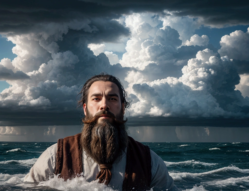 bushy man with beard and beard in front of a blue sky, a digital rendering inspired by Moses van Uyttenbroeck, defog, digitl art, epic clouds and godlike lighting, arte conceitual de deus, prophetic art, he is casting a lighting spell, God Enlightenment, holy man looking at the ground, powerful god, the sea and storms behind him