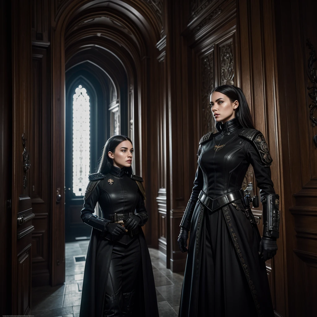 a woman in a dark imperial military uniform inspects the interior of a gothic house populated by grotesque and surreal figures hyper-realistic, cinematic, 4k, ultra-detailed, masterpiece, intricate-details, photo-realistic, perfect-details