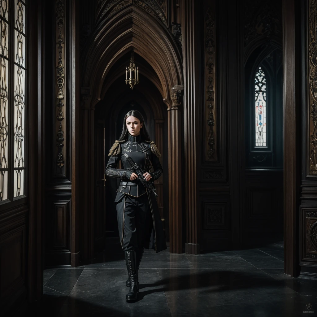 
a woman in a futuristic dark imperial military uniform inspects the interior of a gothic house populated by grotesque and surreal figures, cinematic, hyper-realistic, 8k, ultra-detailed, masterpiece, intricate-details, photo-realistic, perfect-details 