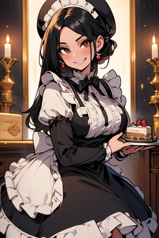 Perfect face. Perfect hands. A black haired woman with brown eyes and an hourglass figure in a ta maid outfit is serving a cake in a fancy maid cafe with a big smile