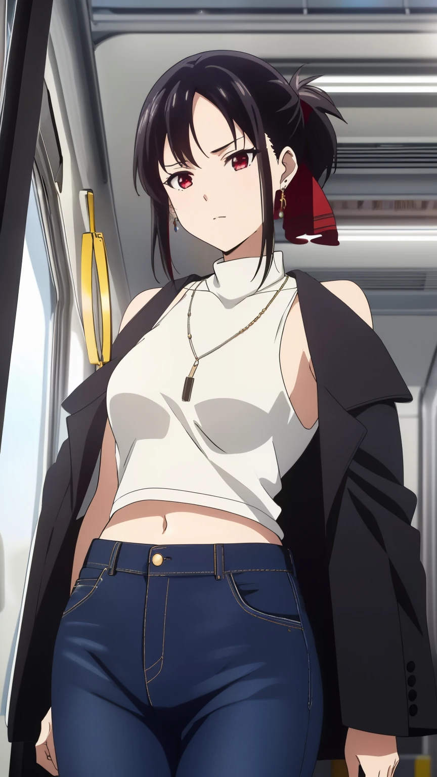 (best quality, masterpiece, 8k:1.2), (anime:1.2), detailed, Shinomiya Kaguya,1girl, solo, (black hair:1.2), side Lock, red eyes, short hair, folded ponytail, red hair ribbon, eye light, small medium breasts, (Earrings, necklaces, sleeveless shirts, bare shoulders, turtlenecks, sexy, on crowded trains, messy outfits, office casual fashion, tight pants, off-the-shoulder oversized formal jackets, high leg pants, jeans, dark navy jeans, side bust, white tops, navel),
Definition CG Unity, Perfect lit, bright_front_face_lit,Super detailed, photograph, 8K, nffsw, High resolution, (absurd:1.2), kodak portrait 400, film grain, Lens flare, (lively_color:1.2), looking at the viewer, (cowboy shot:1.2), dynamic angle, 