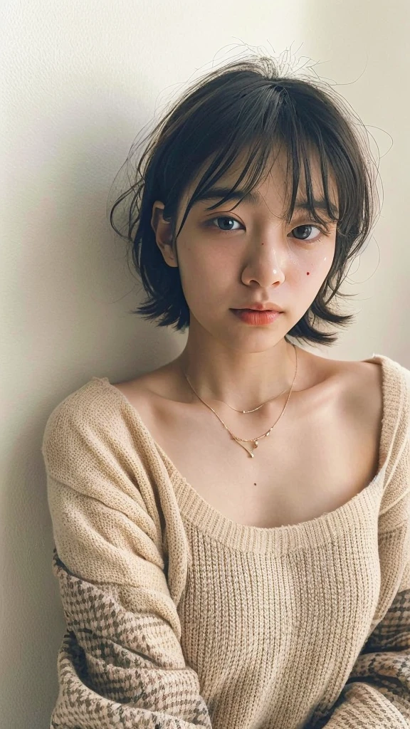 (very realistic photo, concentrated、High resolution, detailed face, fine eyes), ((Taken in front of a white wall))、japanese woman, 20-year-old, various expressions, Upper body、alone:1, slim body shape, various hairstyles,Sheer black long sleeve top、Only one person is in the photo、Photographed in natural light、simple necklace、bob hair、shortcut、looking at the camera