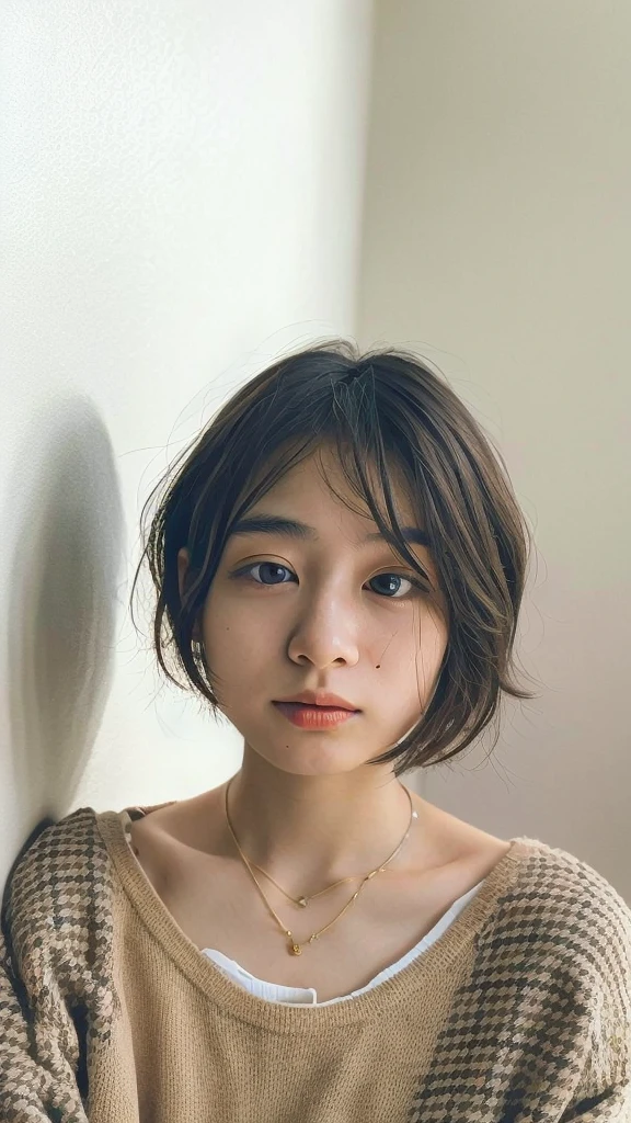 (very realistic photo, concentrated、High resolution, detailed face, fine eyes), ((Taken in front of a white wall))、japanese woman, 20-year-old, various expressions, Upper body、alone:1, slim body shape, various hairstyles,Sheer black long sleeve top、Only one person is in the photo、Photographed in natural light、simple necklace、bob hair、shortcut、looking at the camera