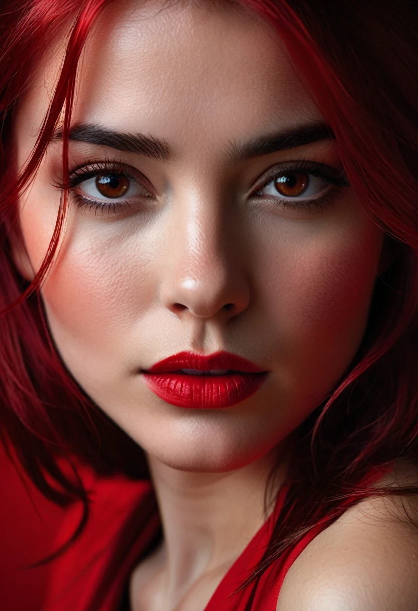 (Dramatic portrait:1.3) using different tones of (red:1.2), capturing (intense emotions:1.3) and a (strong presence:1.2).