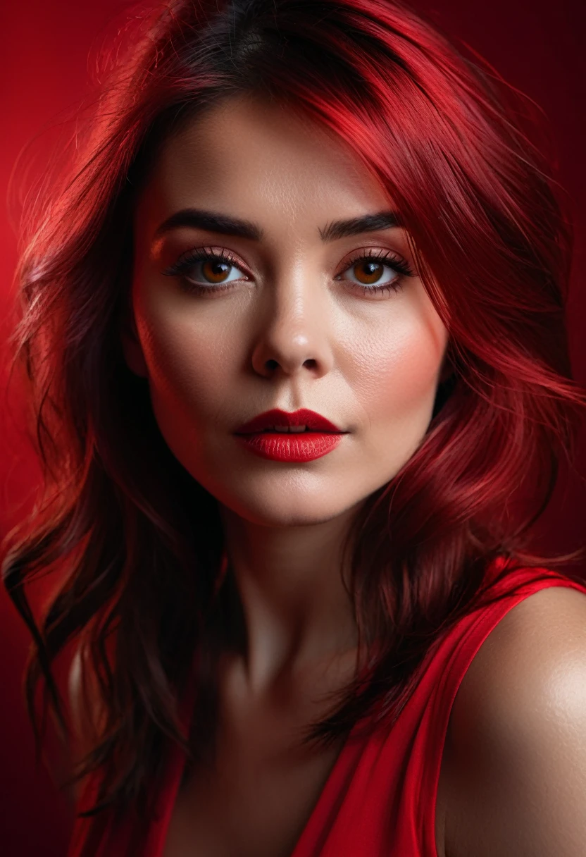 (Dramatic portrait:1.3) using different tones of (red:1.2), capturing (intense emotions:1.3) and a (strong presence:1.2).