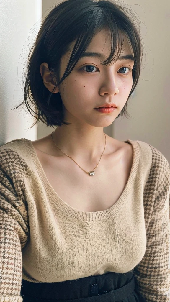 (very realistic photo, concentrated、High resolution, detailed face, fine eyes), ((Taken in front of a white wall))、japanese woman, 20-year-old, various expressions, Upper body、alone:1, slim body shape, various hairstyles,Sheer black long sleeve top、Only one person is in the photo、Photographed in natural light、simple necklace、bob hair、shortcut、looking at the camera