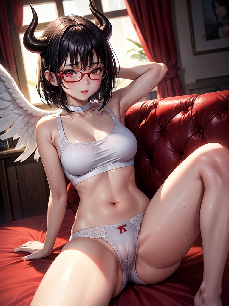 Beautiful girl,Korea, sitting among red light neon,
 18 years old,Short hair, shoulder length,black hair, medium breasts,wet, sweat, camel toe, red lips ,Wear glasses,
White underwear, sexy pose,
 red eyes, spread your legs, กางเกงใน girl,
Two horns and a red demon tail, slim, angel wings,