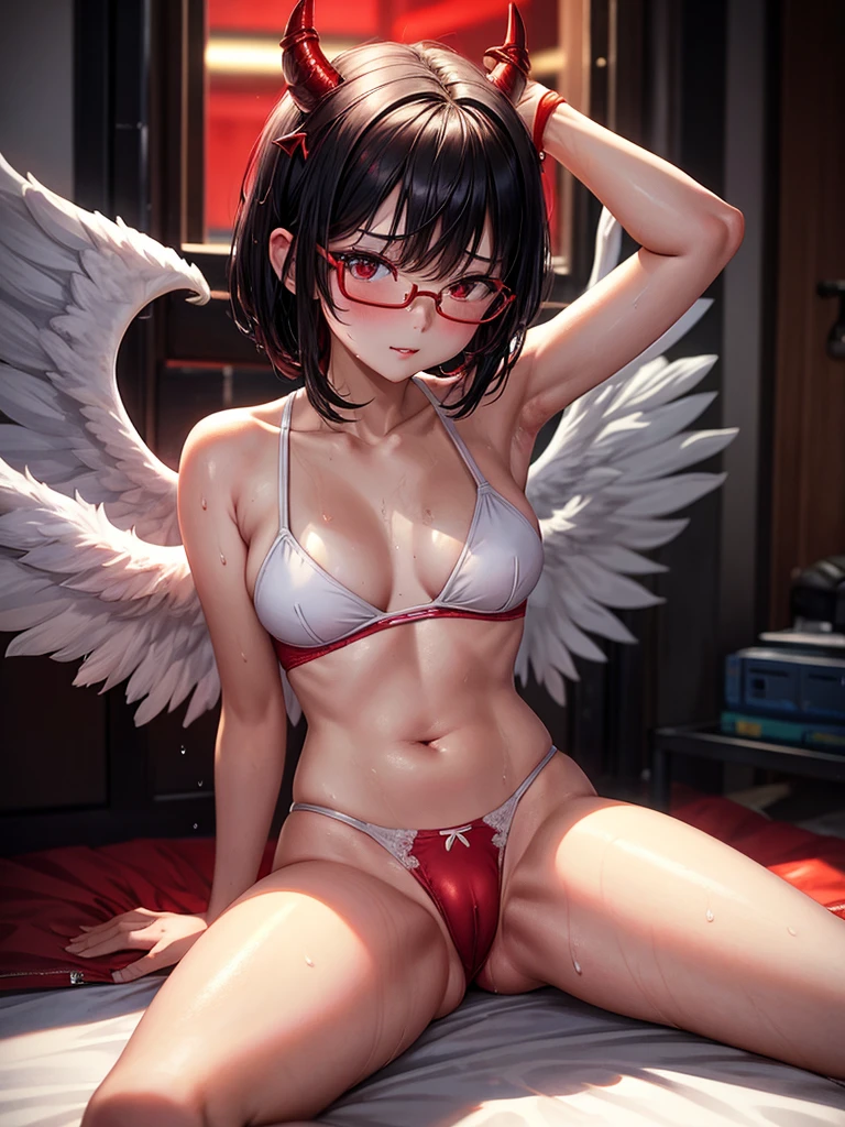 Beautiful girl,Korea, sitting among red light neon,
 18 years old,Short hair, shoulder length,black hair, medium breasts,wet, sweat, camel toe, red lips ,Wear glasses,
White underwear, sexy pose,
 red eyes, spread your legs, กางเกงใน girl, baby face,
Two horns and a red demon tail, slim, angel wings,